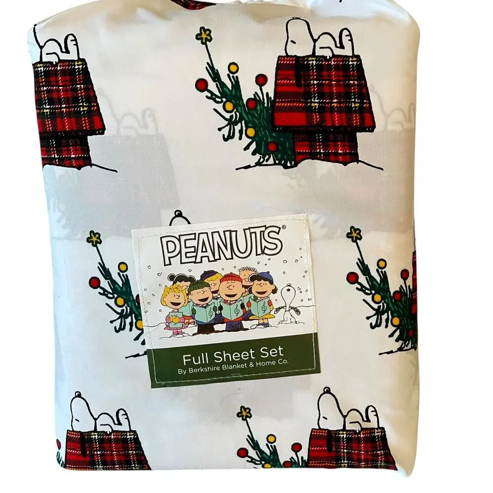 Peanuts Snoopy & Woodstock PLAID Doghouse Christmas Tree FULL Sheet Set New